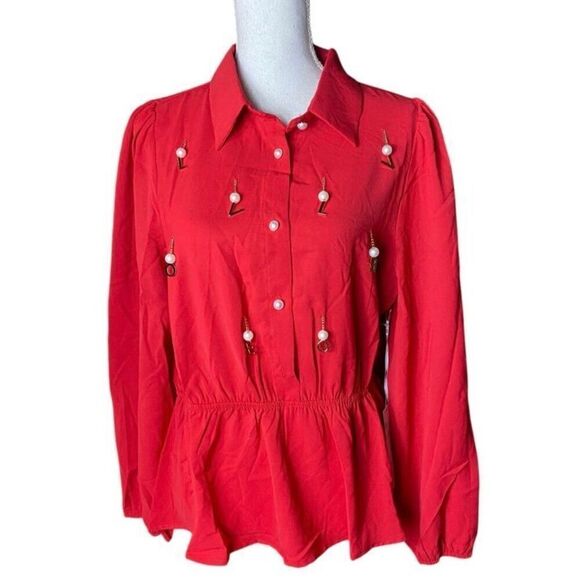 Sweet Rain Embellished Gold LOVE Pearls Red Pullover Blouse Wm’s Sz Lrg - Picture 1 of 6